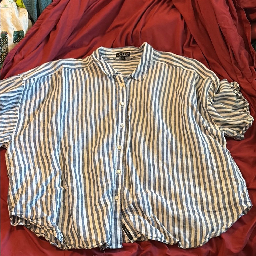 J. Crew Navy and White Linen Striped Shirt